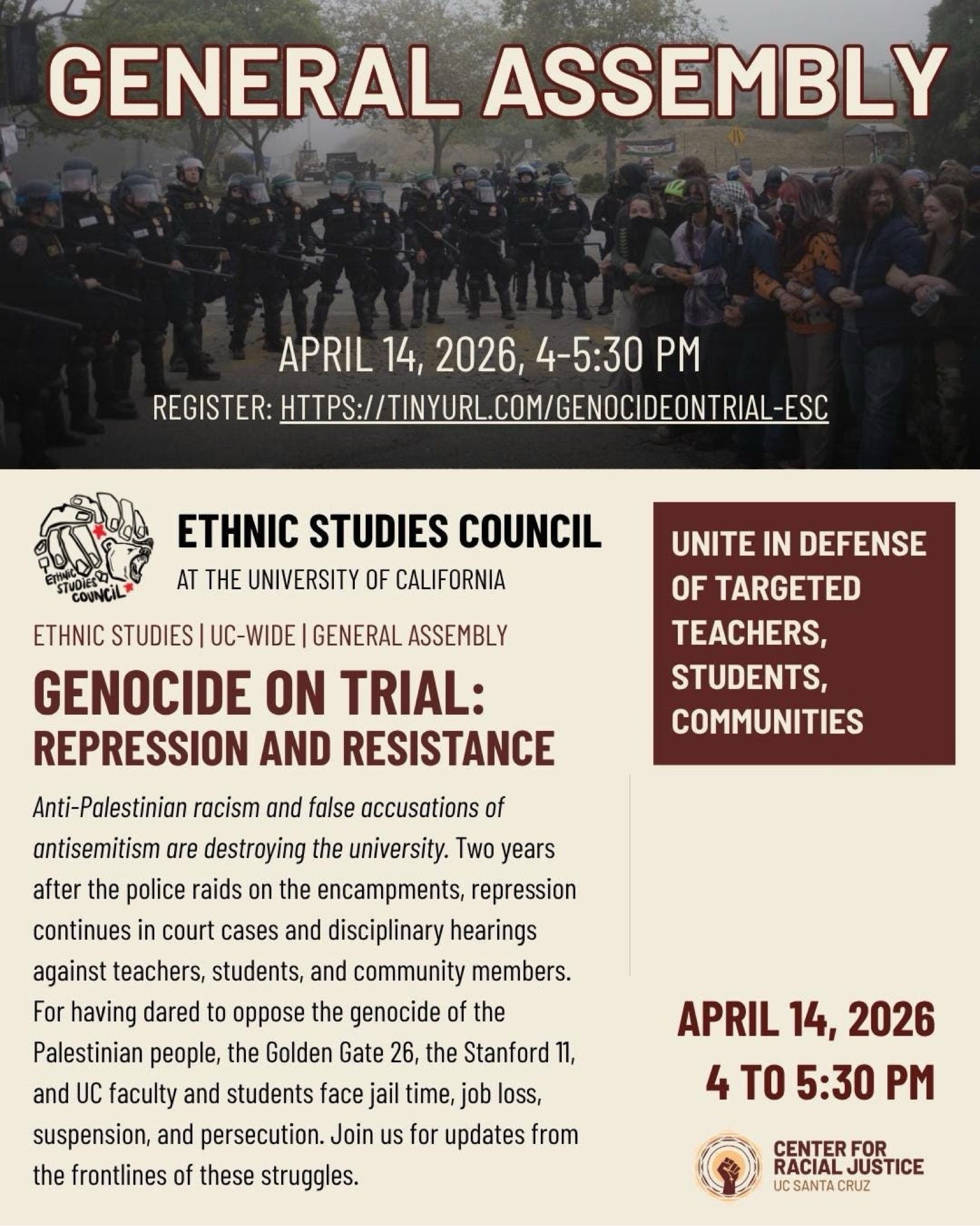Ethnic Studies Council at the University of California – Spring 2026 General Assembly

Genocide on Trial: Repression and Resistance
